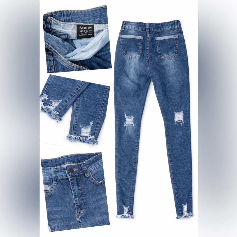 Shein Distressed Skinny Jeans Size Small High Rise Raw Hem Stretch Denim